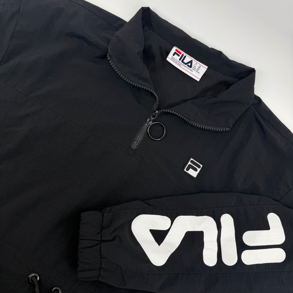 Fila Black Quarter Zip Pullover Women's Dress XS Logo Print Nylon Windbreaker